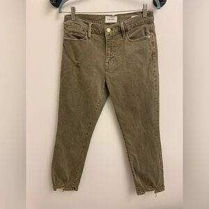 FRAME Le High Straight Jeans Distressed Washed Moss Green Stretch Denim Size 28